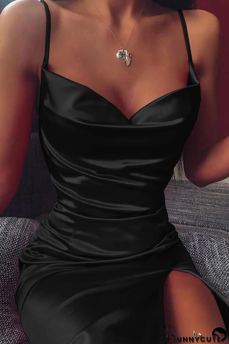 Black Fashion Sexy Solid Patchwork Backless Slit Spaghetti Strap Sleeveless Dress