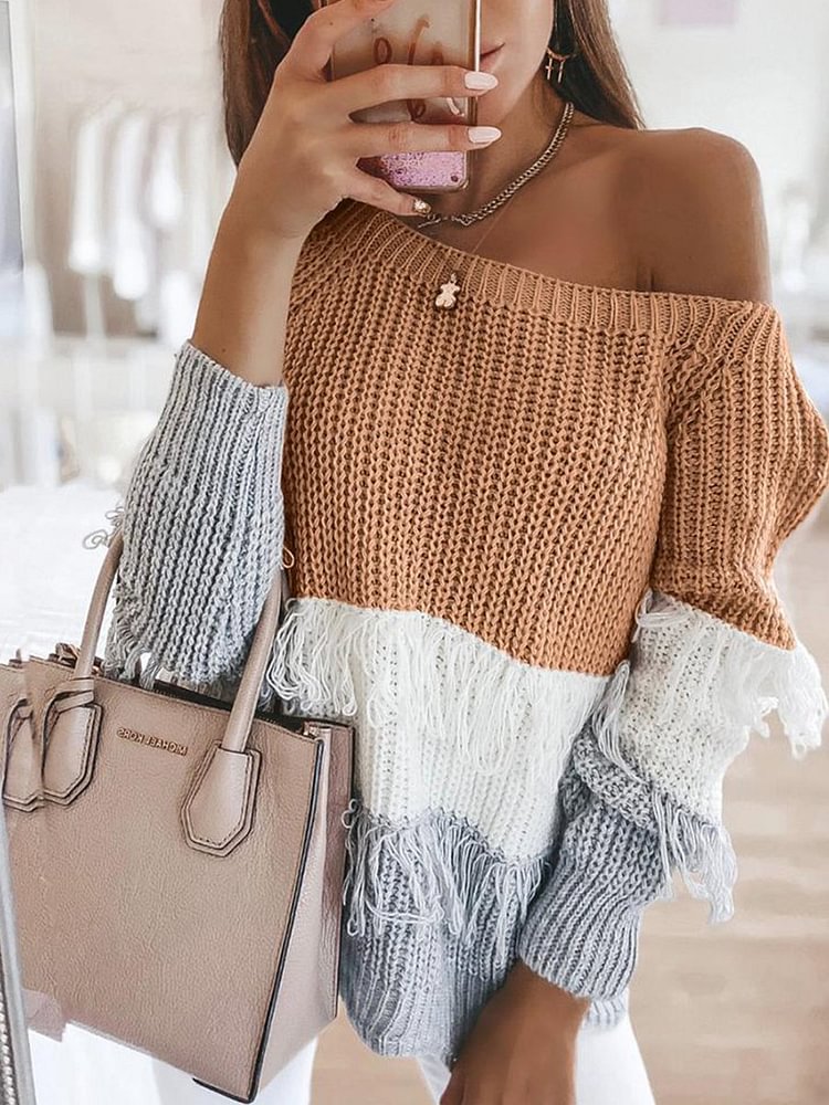 Comstylish Casual Color Block Stitching Tassel Sweater