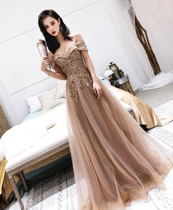Champagne Tulle Off Shoulder Long Prom Dress, Tulle Evening Dress