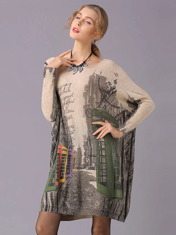 Vintage Roomy Batwing Sleeves Stamped Knitting Sweater