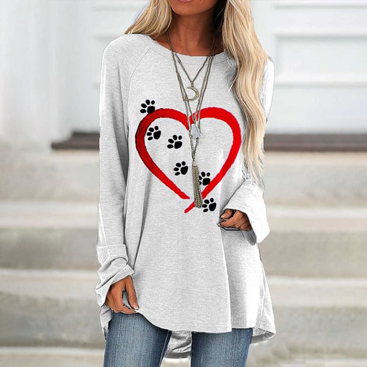Vefave Love Dog Paw Print Crew Neck Long Sleeves Tunic