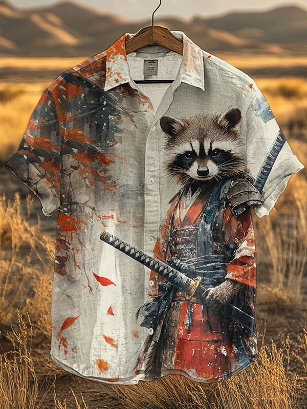 Men's Raccoon Warrior Watercolor Art Printed Casual Shirt