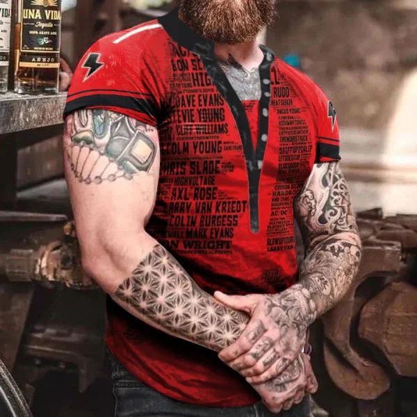 Mens Top Rock Band Print Henry Collar T-Shirt