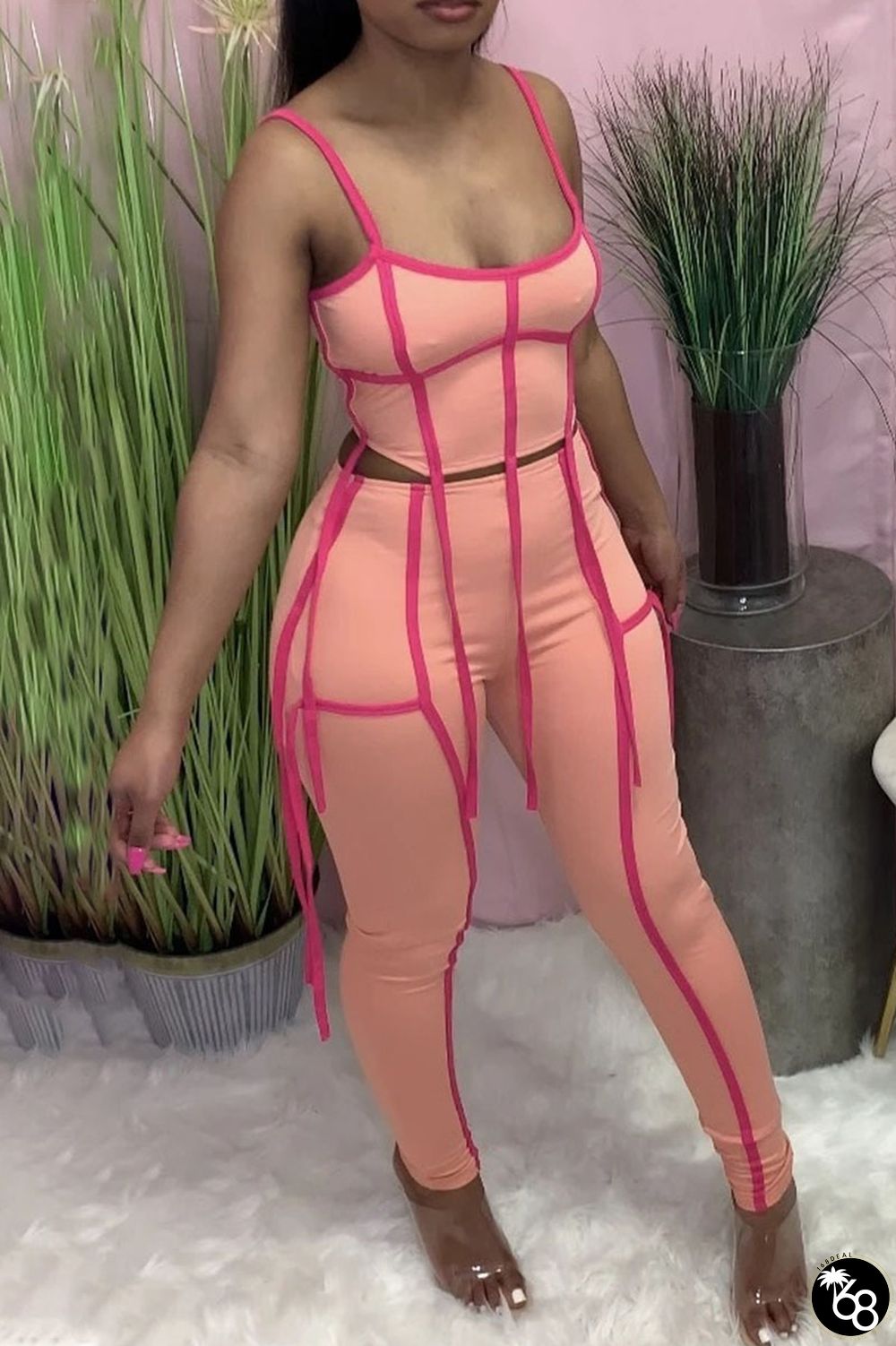 Pink Sexy Solid Patchwork Strap Design Spaghetti Strap Sleeveless Two Pieces | 168DEAL