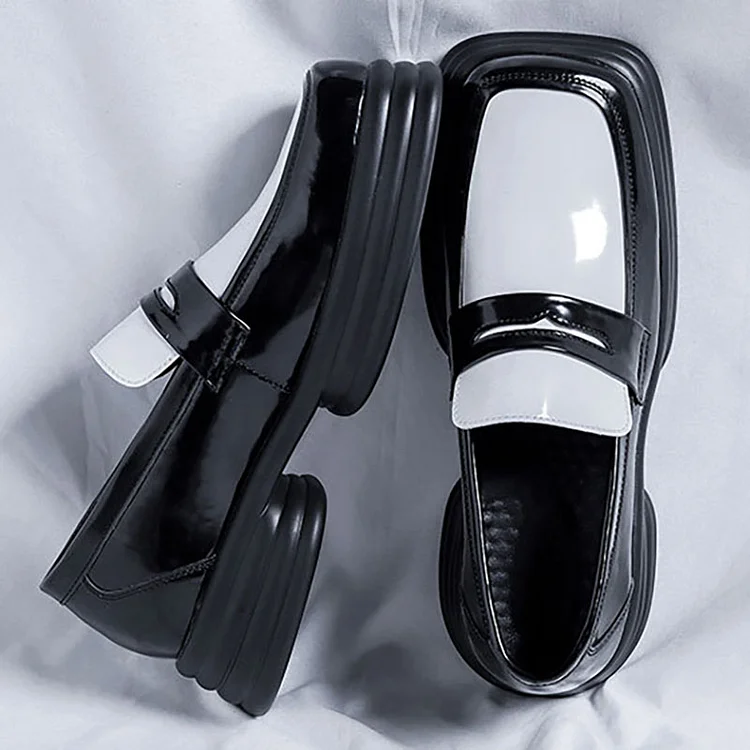 Colorblock PU Leather Slip-On Square Toe Platform British Loafers Shoes