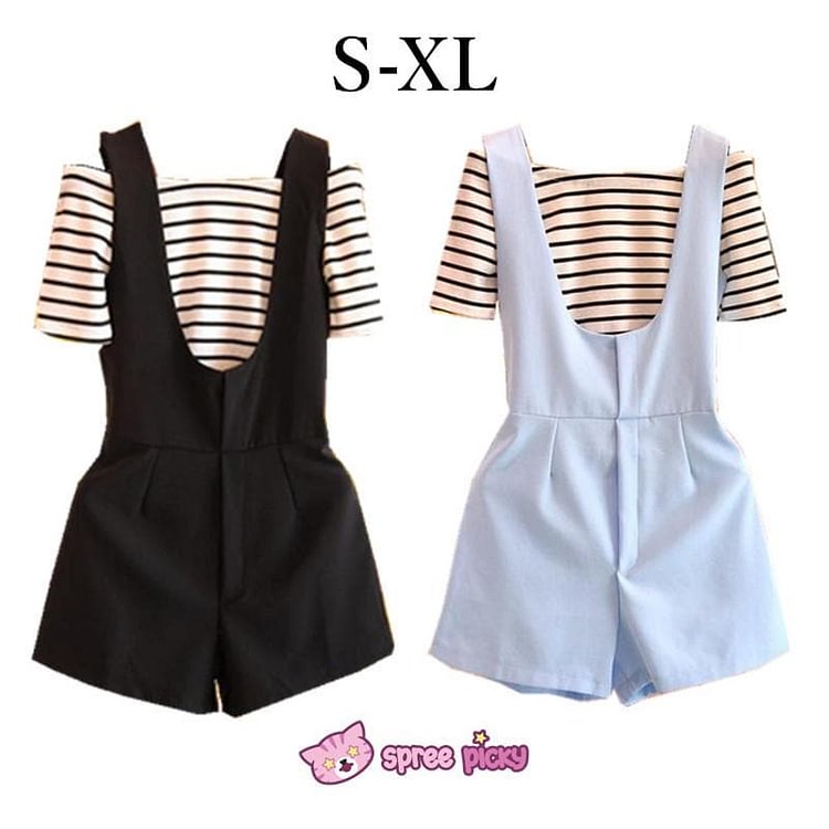 Final Stock! Blue 2 Pieces Set Stripes Top and Jumpsuit Shorts SP151867