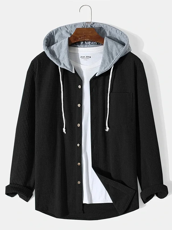 Men's Solid Color Waffle Textured Long Sleeve Button Pocket Hooded Shirt