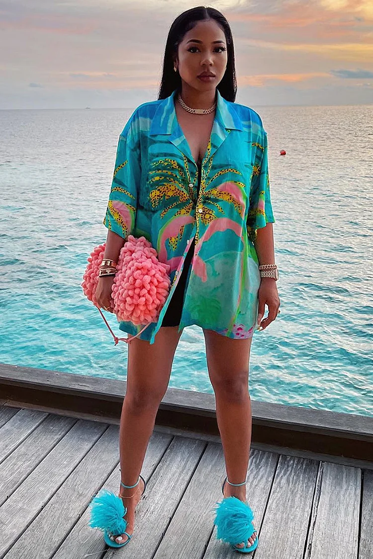 Turndown Collar Short Sleeve Beach Print Blouses
