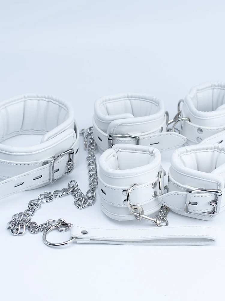 pornhint Pornhint Premium White bondage kit, Leather Restraints set, handcuffs, ankle cuffs, collar and leash bondage table