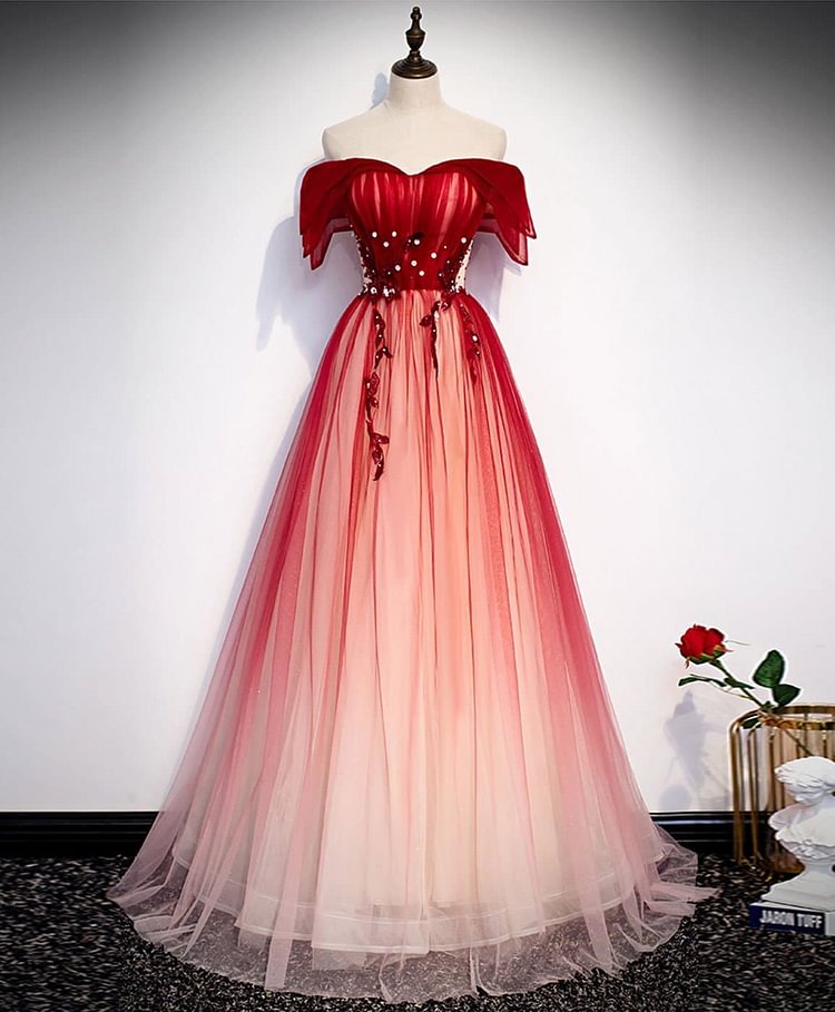 Burgundy Off Shoulder Tulle Long Prom Dress Burgundy Formal Dress A002