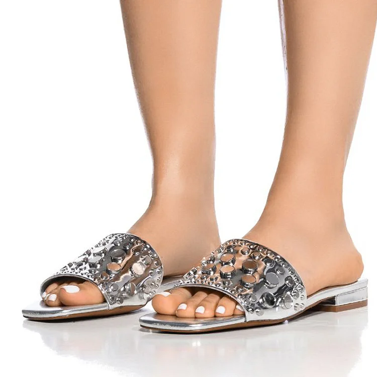 Classy Silver Studs Flat Mules Women's Square Toe Slide Sandals |FSJ Shoes