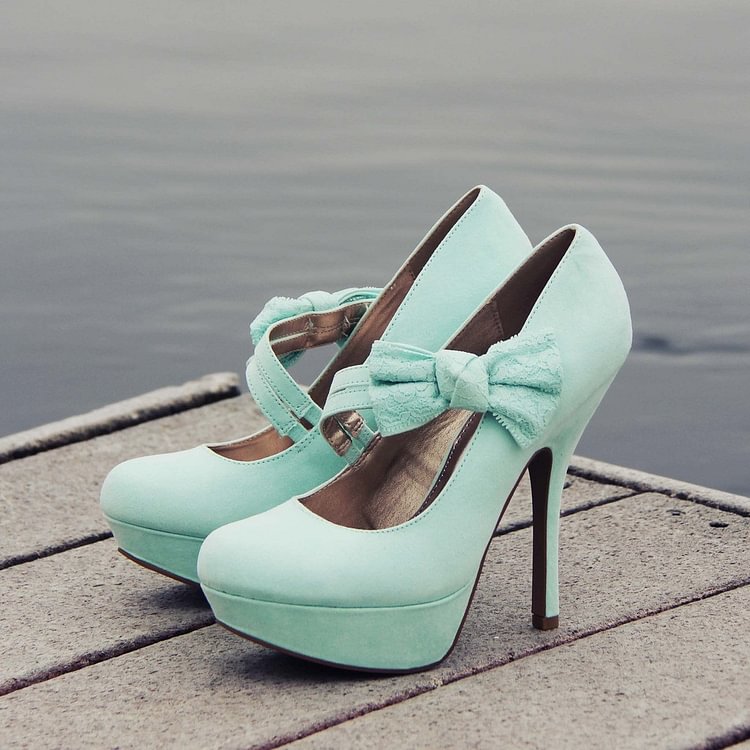 Women's Cyan Mary Jane Pumps Bow Platform Heels Shoes |FSJ Shoes