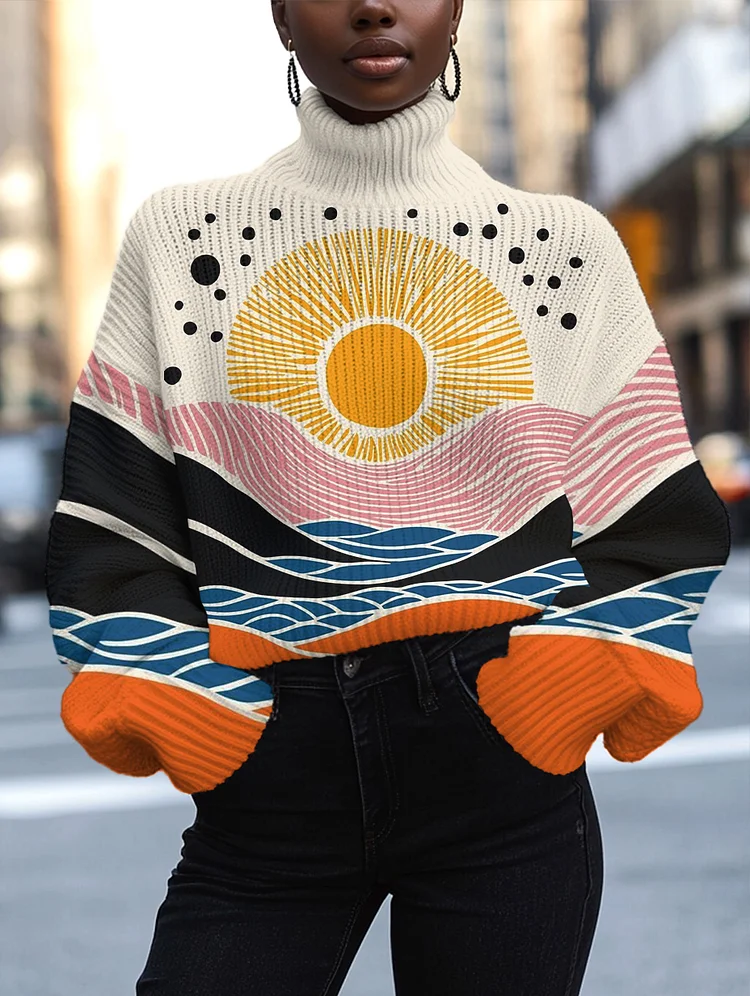 Women's Sea Sunrise Line Scenery Print High Neck Knit Sweatshirt