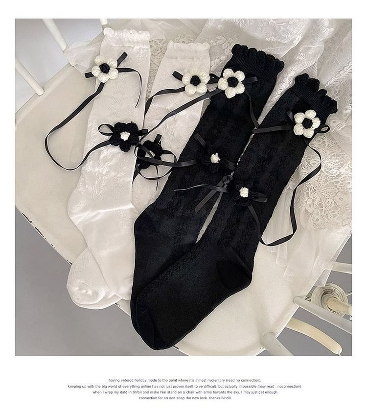 Scallop Trim Flower Detail Knee-High Socks Bn1005