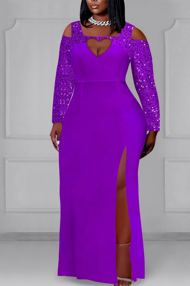 Plus Size Formal Maxi Dresses Purple Square Neck Cold Shoulder Long Sleeve Split Sequin Maxi Dresses