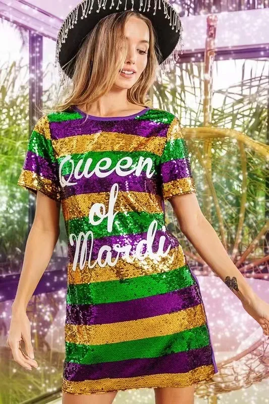 Colorblock Striped Letter Pattern Sequin Dress-Multicolor
