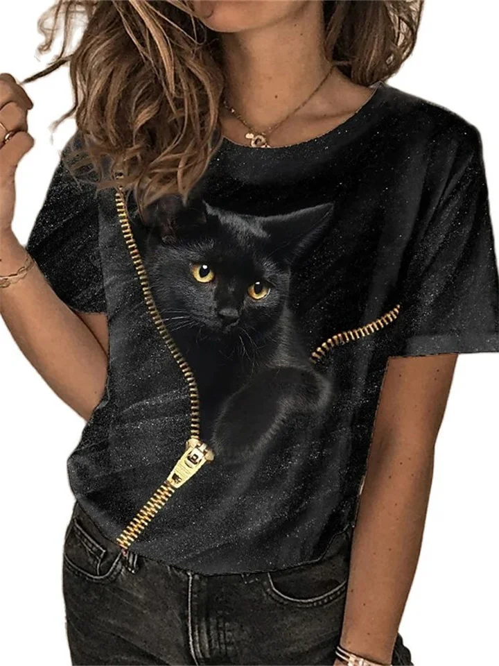 Women's Fashion Round Neck Tops Printed Short Sleeve Cat Pattern 3D Effect S M L XL 2XL 3XL 4XL 5XL-JRSEE