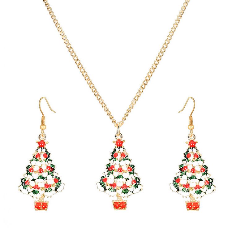 Drip Color Christmas Tree Earrings Necklace Set