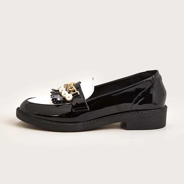 Black & White Patent Leather Fringe Pearl Block Heel Women's Loafers |FSJ Shoes