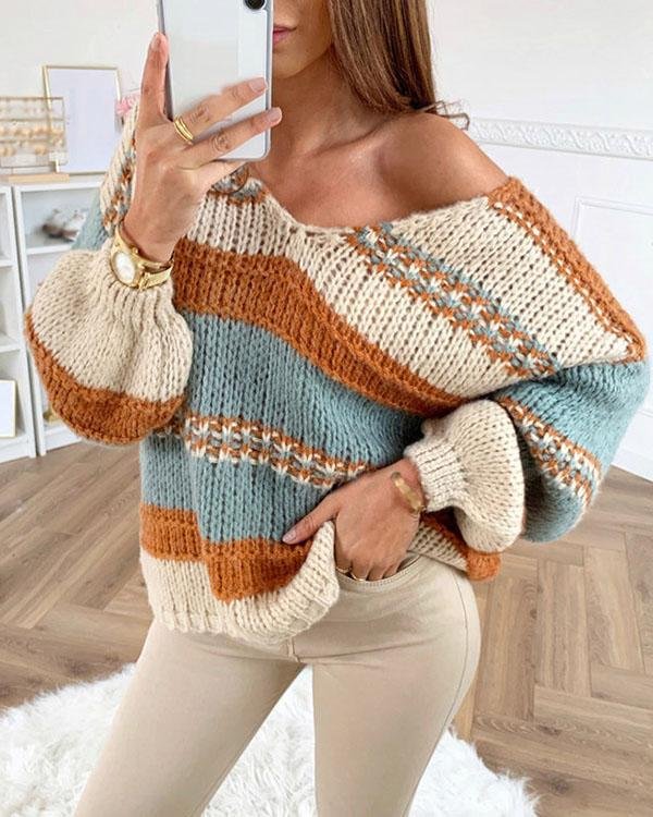 Orange Color Block One-shoulder Long Sleeve Oversize Pullover Sweater - Chicaggo