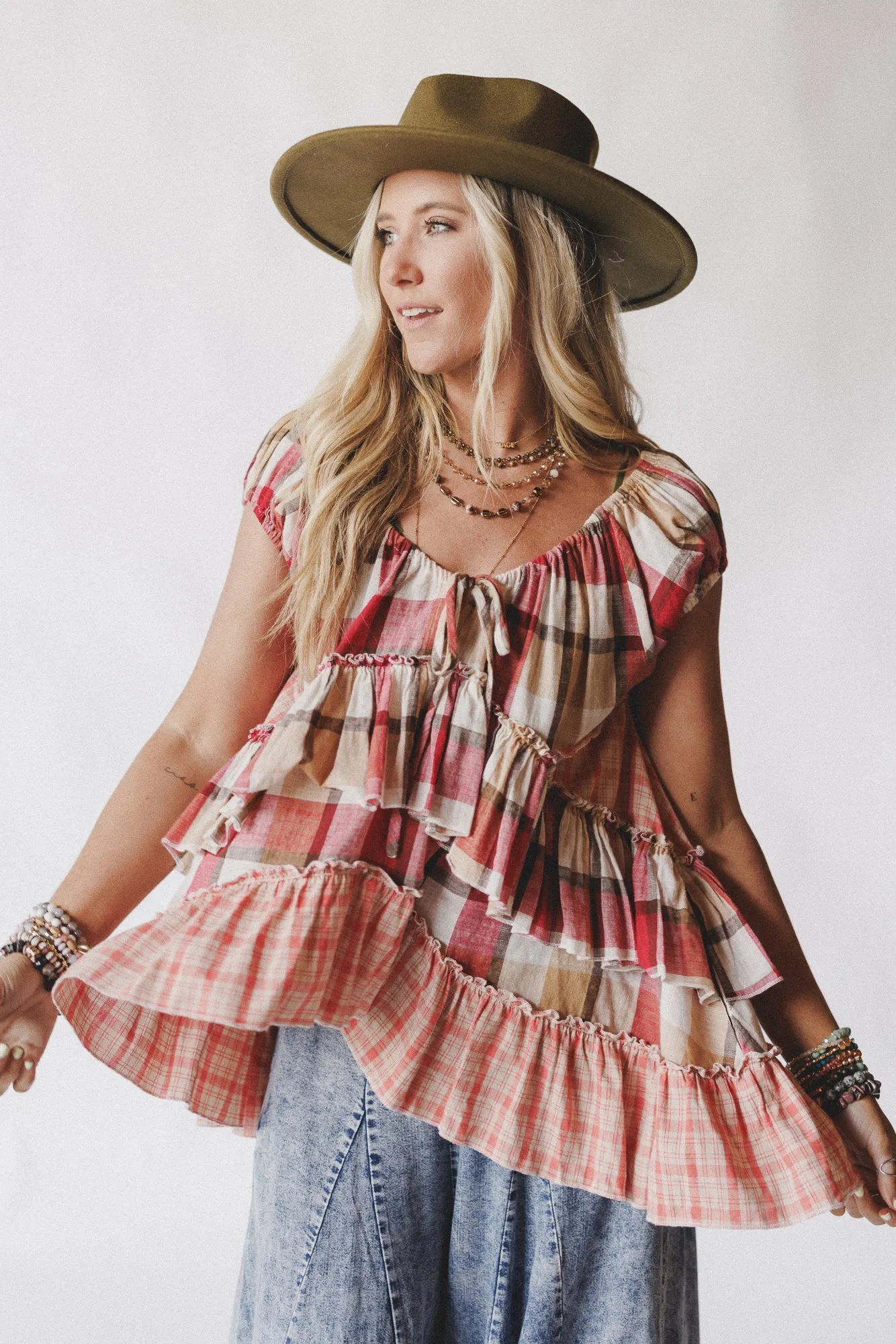 Clover Stitch Plaid Top - Pink