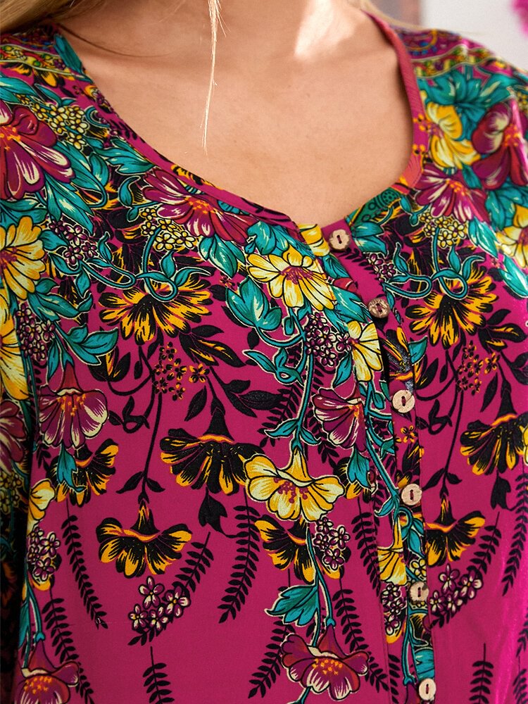 Vintage Flowers Print Buttons Short Sleeve Blouse for Women P1856586