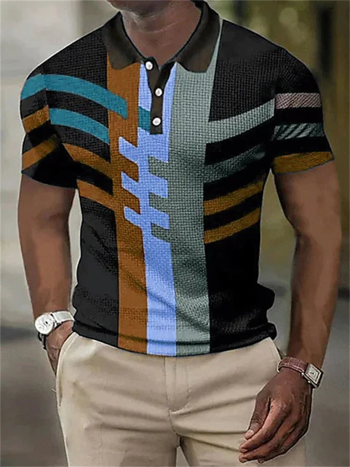 Men's Polo Shirt Golf Shirt Waffle Polo Shirt Geometry Turndown Yellow Pink Blue Sky Blue Orange 3D Print Outdoor Street Short Sleeves Button-Down Print Clothing Apparel Fashion Designer Casual-JRSEE