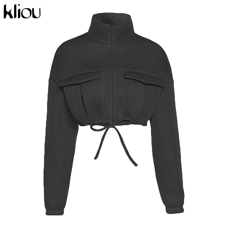 Kliou Mesh Plaid Autumn Spring Coat Women Trend Turtleneck Zipper Pocket Crop Jacket Solid Slim Drawstring Female Outerwear Hot - BlackFridayBuys