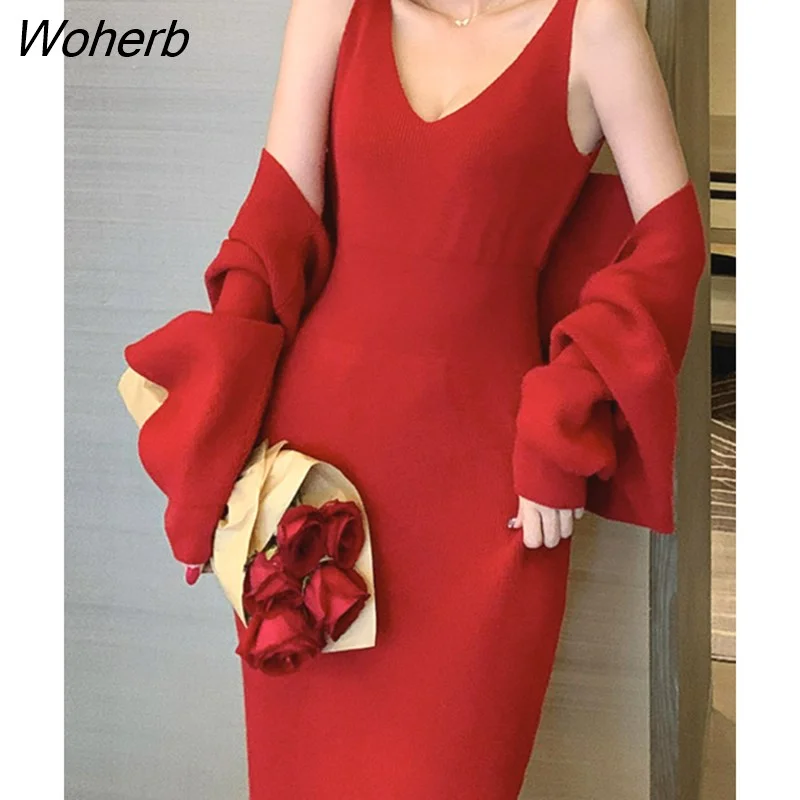 Woherb Autumn Casual Knitting 2 Pieces Set Women Knitted Cardigan + Backless Sexy V-neck Strap Dress Female Korean Party Chic Suit