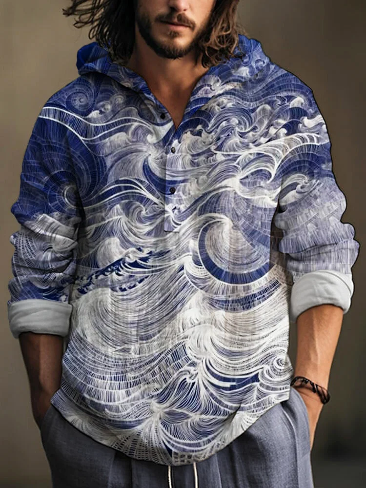Comstylish Ocean Line Art Print Linen Hooded Shirt