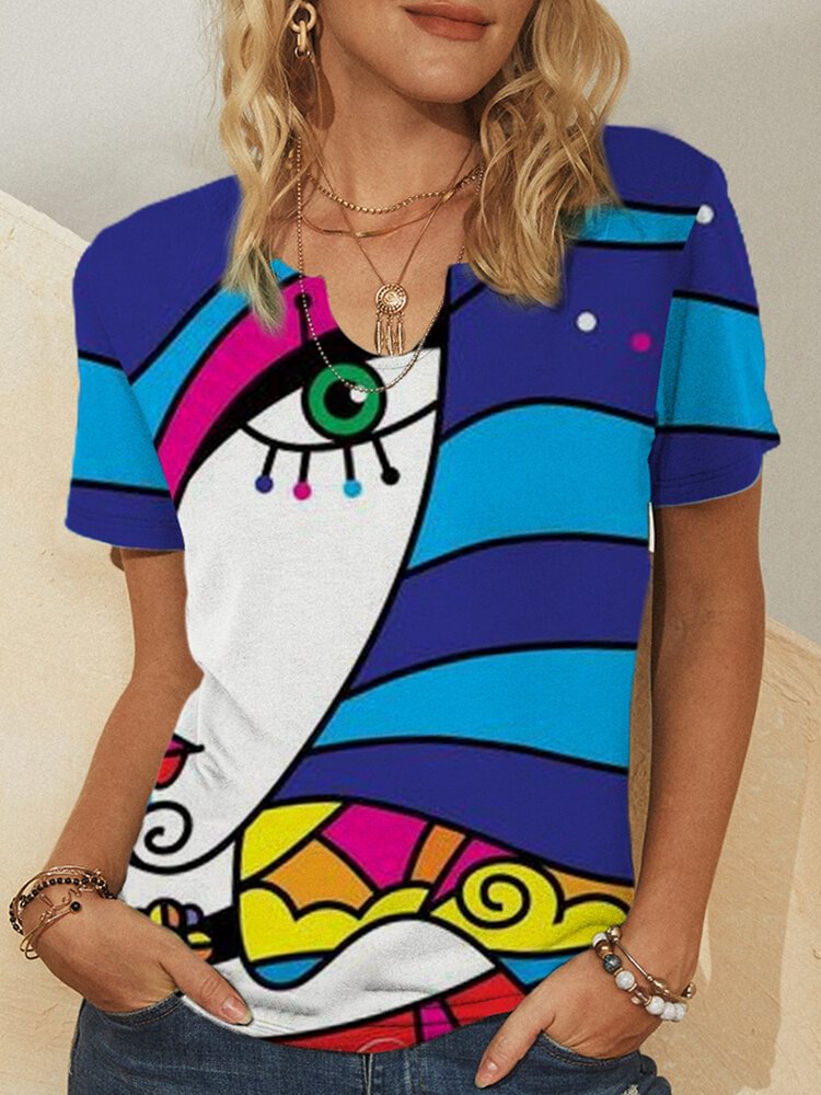 Abstract Pattern Print V neck Short Sleeve Casual T Shirt For Women P1814080