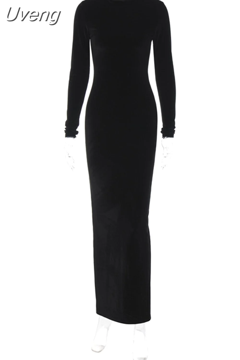 Uveng Sleeve Elegant Black Velvet Bodycon Maxi Dress Women Ruched Party Evening Long Dresses 2023 Autumn Winter Female Clothes
