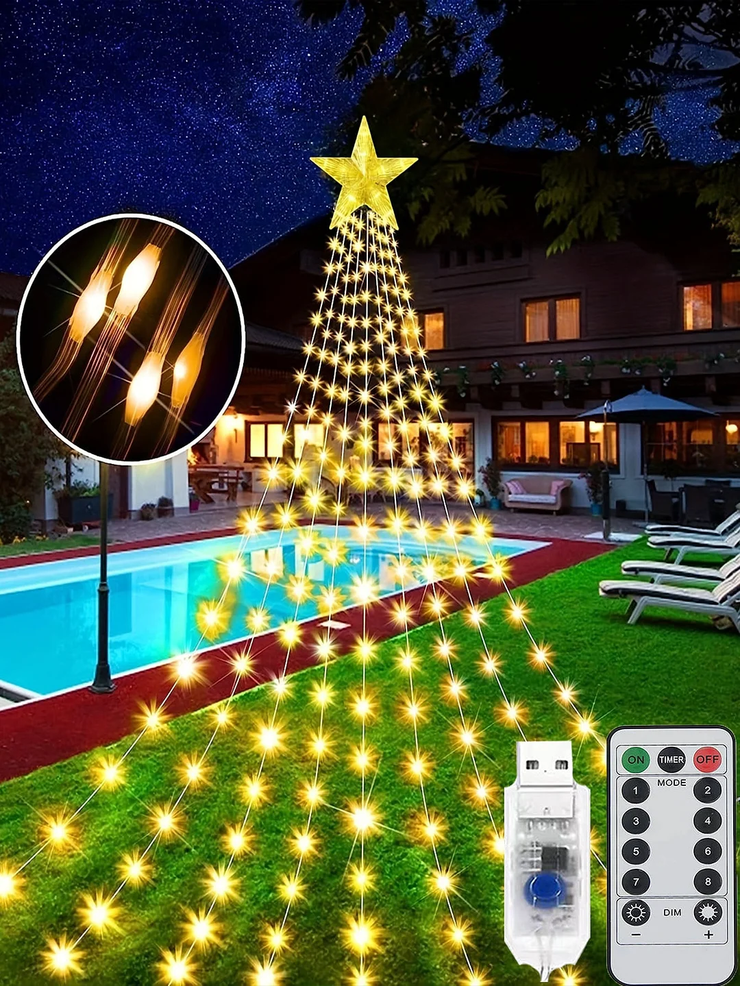 LED Christmas Star String Lights 198 LED 6.56FT Waterfall Christmas Cone Tree Lights