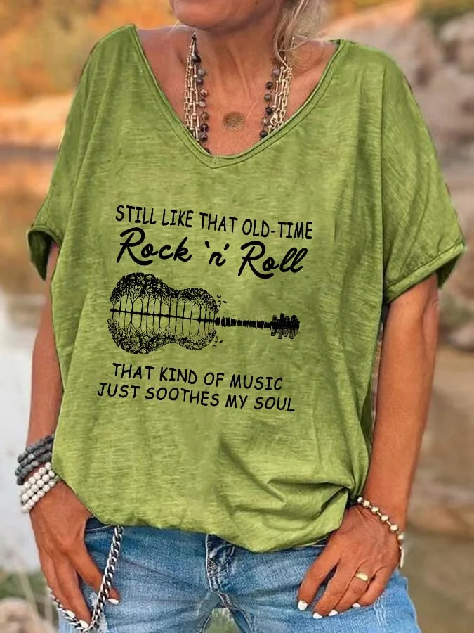 Women's Still like that old time rock and roll That Kind Of Music Just Soothes My Soul Hippie Print V-Neck T-Shirt