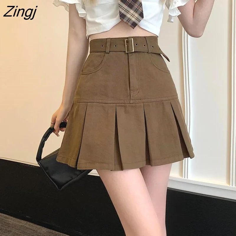 Zingj Skirts Women Pleated Streetwear Design Solid Preppy Sweet Girls Lovely Summer High Waist Females Mini Mujer Fashion Chic