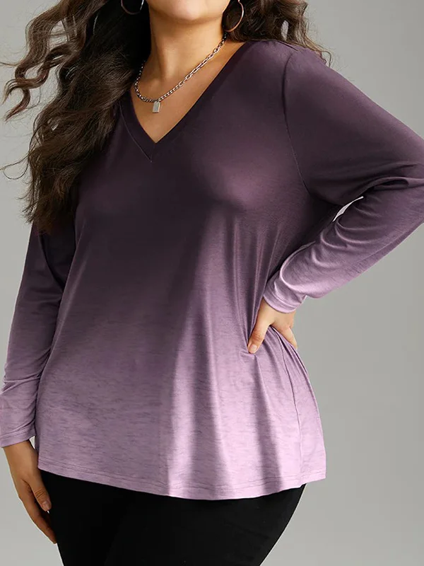 Gradient Long Sleeves Loose V-Neck T-Shirts Tops