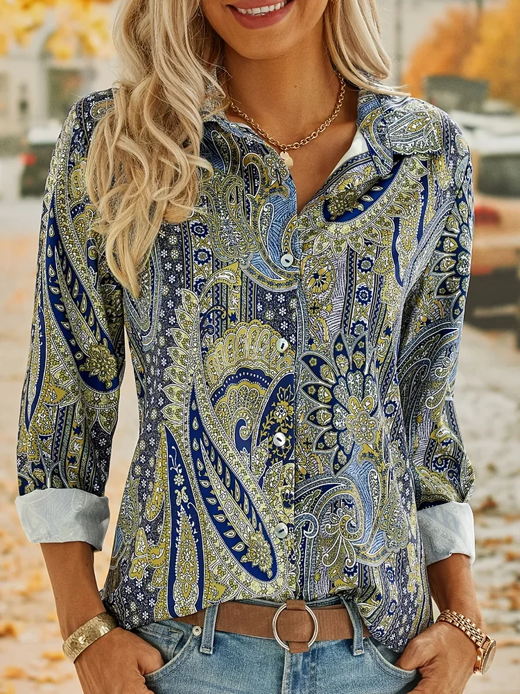 V-neck Loose Lapel Blouses, Casual Button Down Long Sleeve Fashion Shirts Tops, Women's Clothing