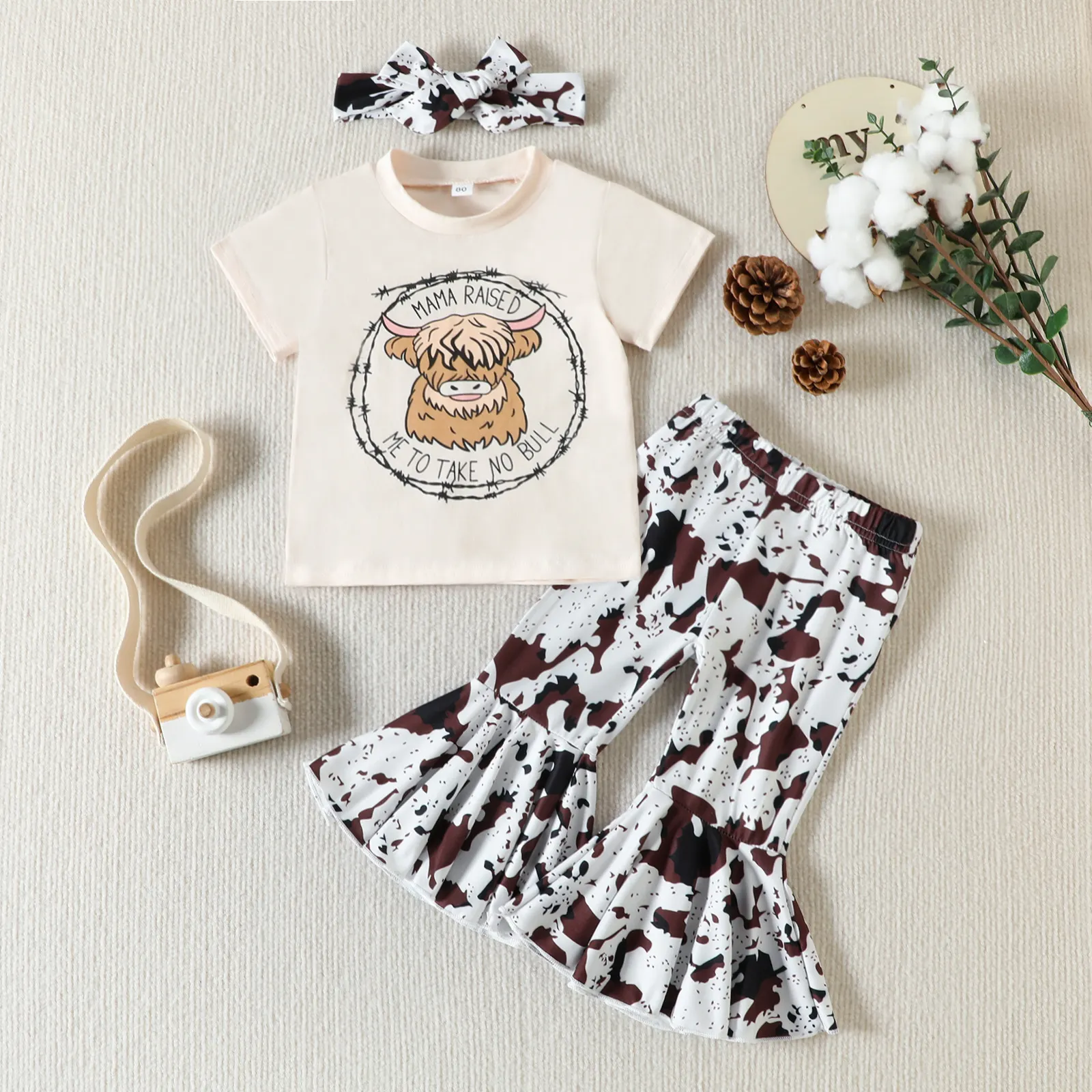 【12M-5Y】3-piece Girls Cow Print Shirt And Pants Set (With Hairband)