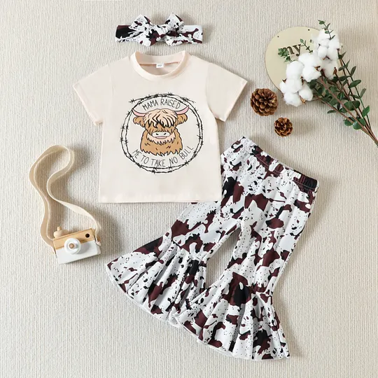 【12M-5Y】3-piece Girls Cow Print Shirt And Pants Set (With Hairband)
