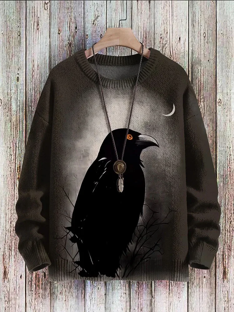 Men's Halloween Retro Crow Graphic Print Knit Sweater