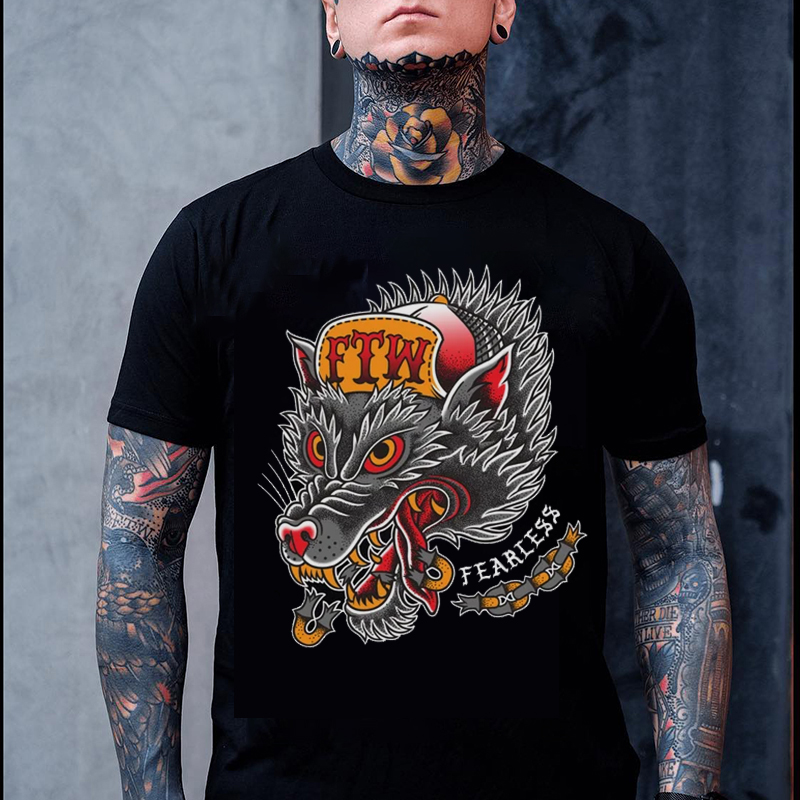 MOTOSUNNY FTW FEARLESS Fierce Wolf Graphic Casual Black Print T-shirt