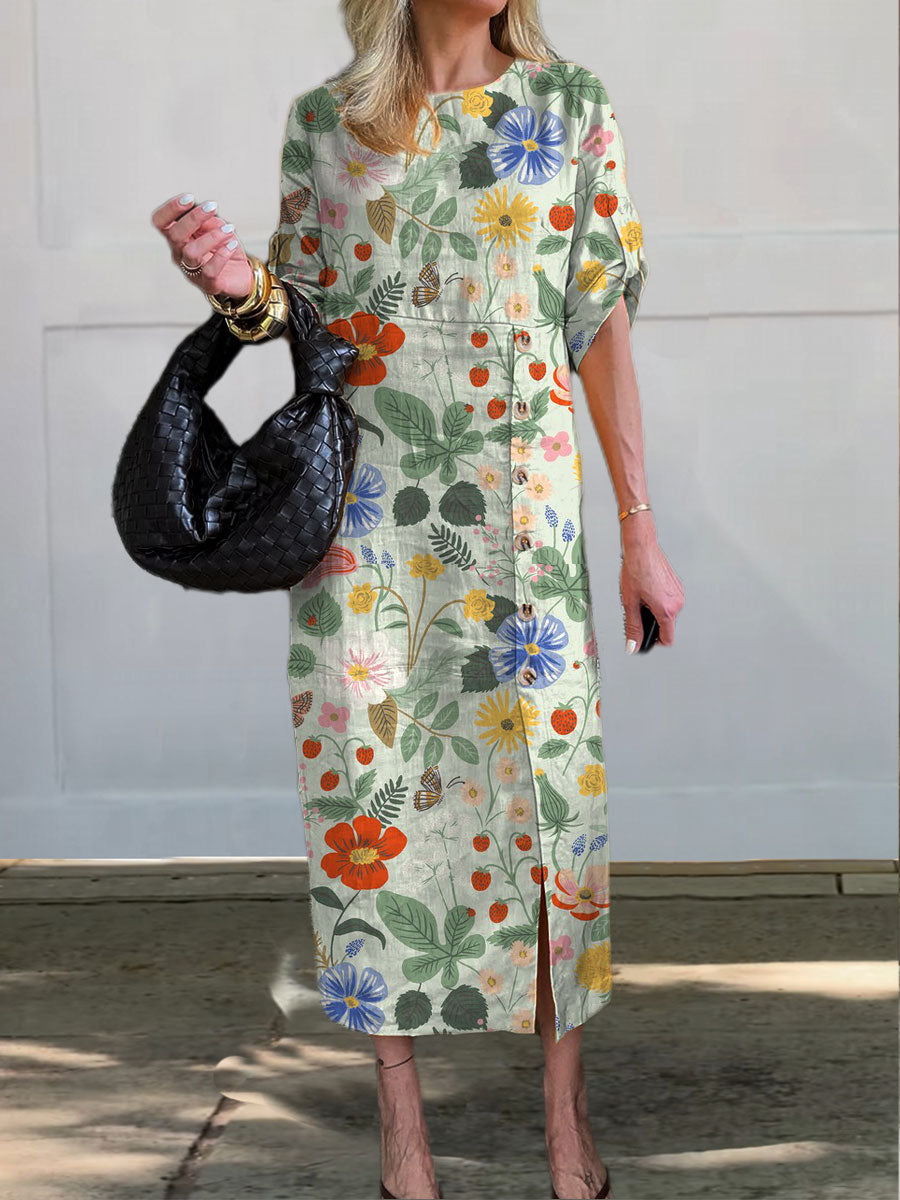 Women's Elegant Vintage Floral Print V-Neck Button Pocket Cotton Dress