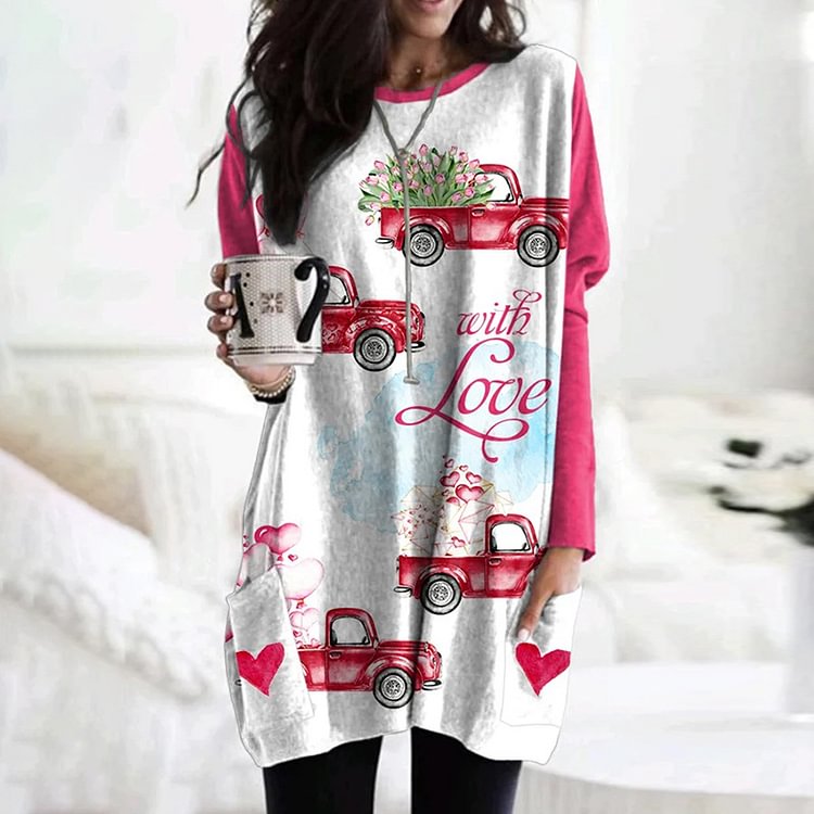 Comstylish With Love Heart Print Long Sleeve Casual Tunic