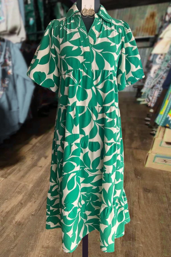 Floral Print Puff Sleeve Collared Midi Dress