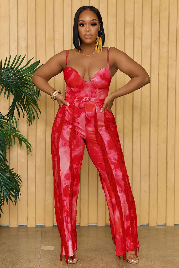 Pattern Print Irregular Neck Cami Playsuit Romper Fringed Trim Pants Matching Set
