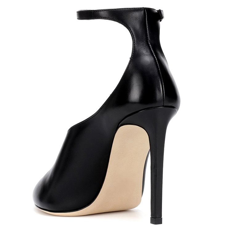 Black Pointy Toe Stiletto Heels Ankle Strap Heels Office Shoes |FSJ Shoes