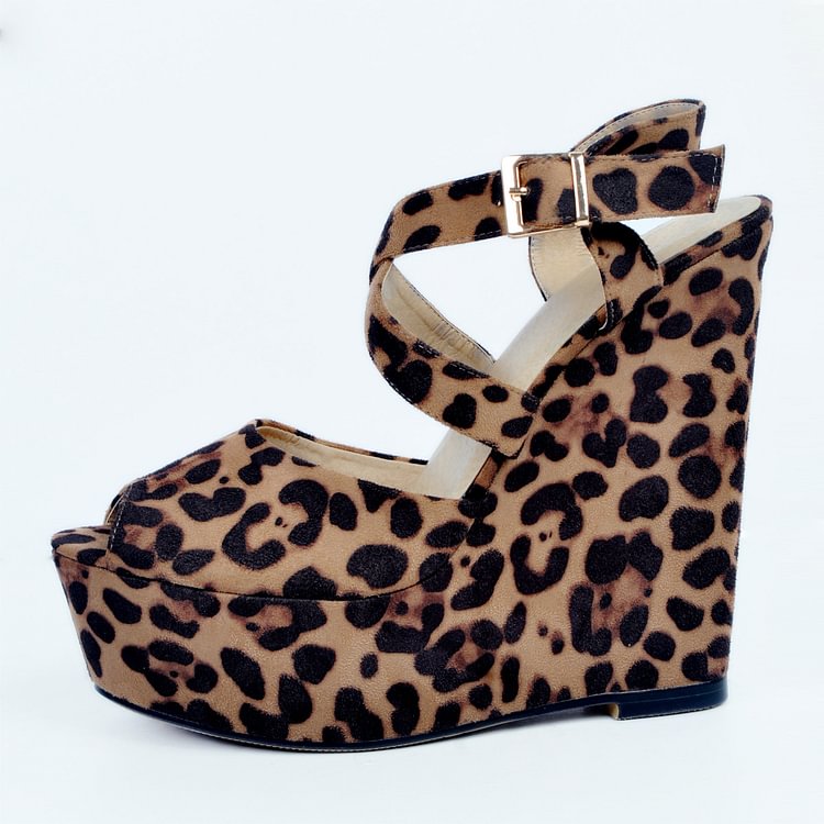 Women's Leopard Print Heels Peep Toe Platform Wedge Heel Sandals |FSJ Shoes