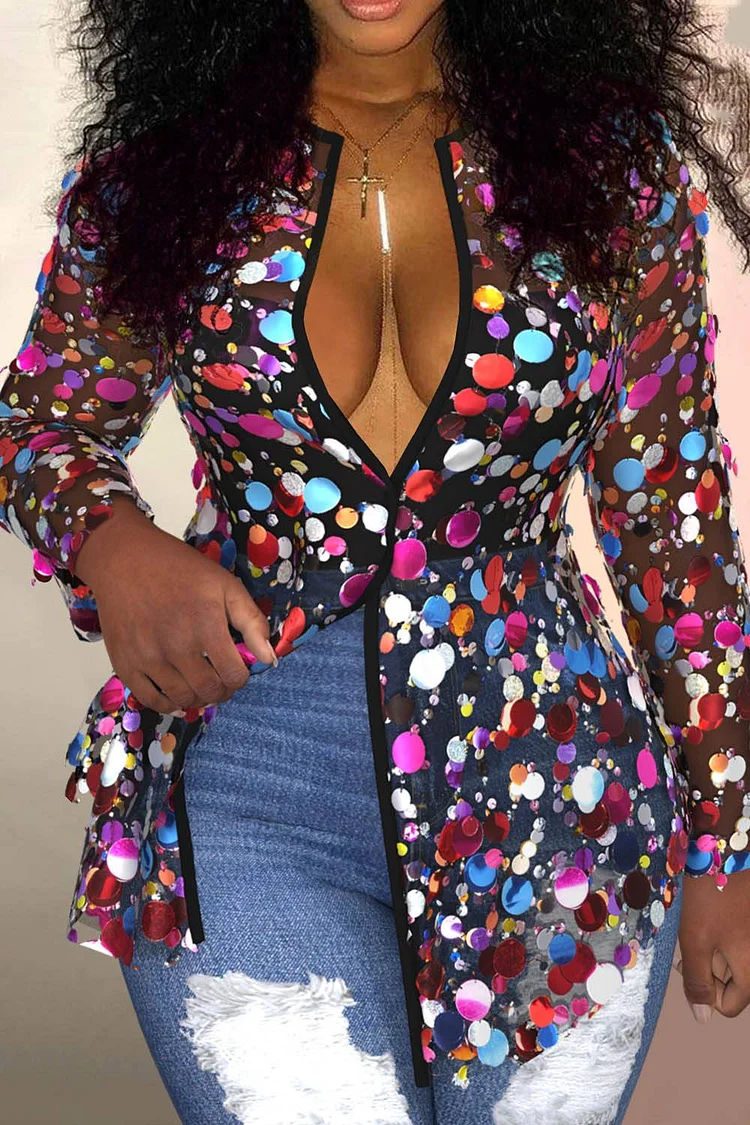 Plus Size Party Tops Multicolor Spring Summer V Neck Long Sleeve See Through Sequin Tops