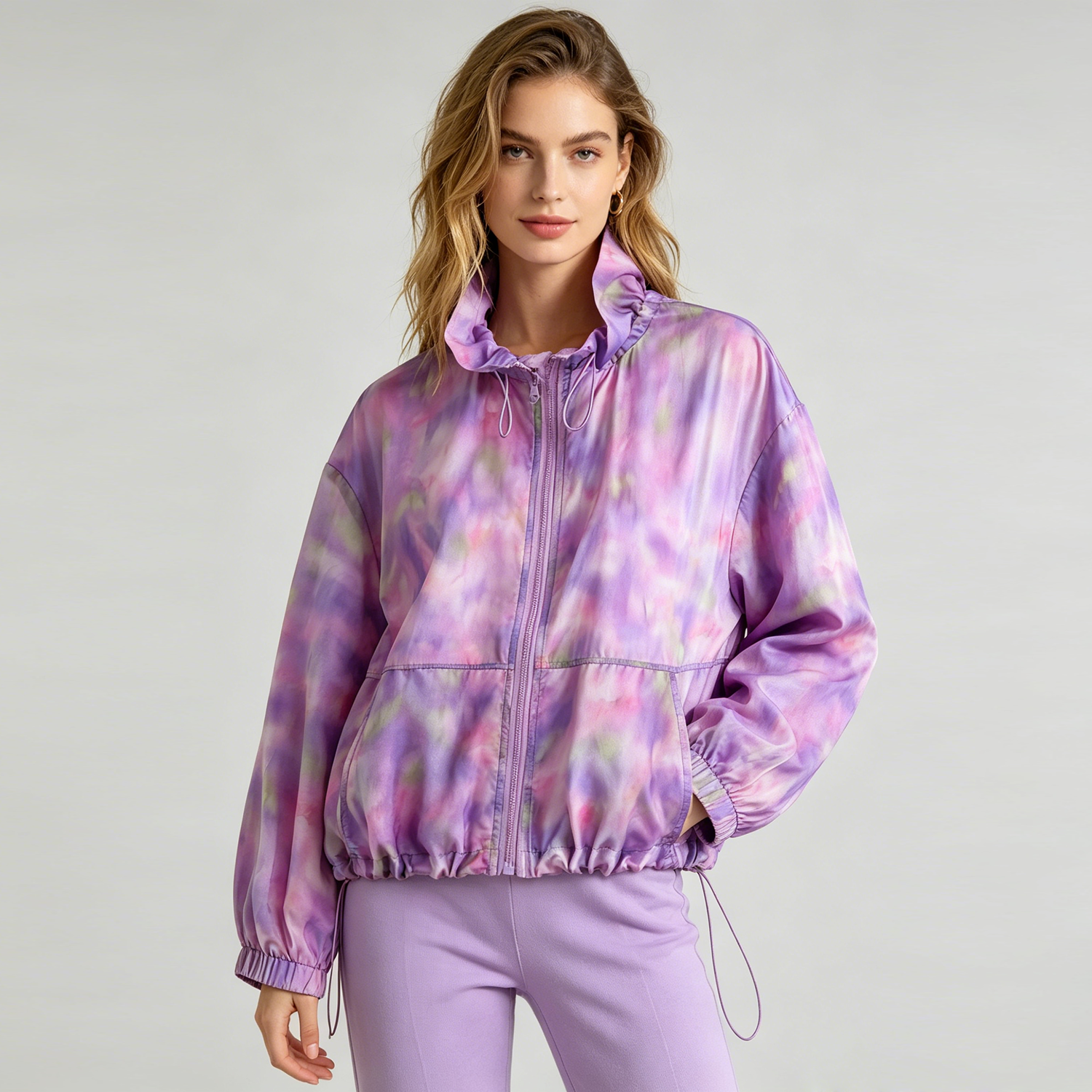 100% Silk Jacket Sun Protection Watercolor Dye Zip-Up Lightweight For Women REAL SILK LIFE