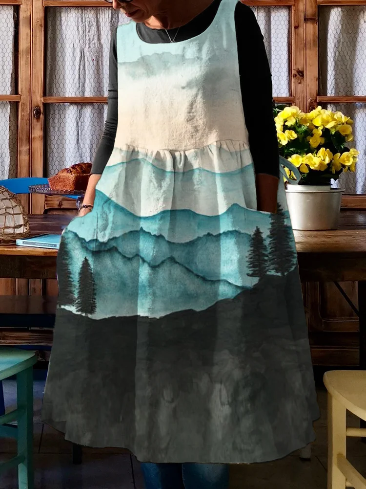 Vefave Landscape Watercolor Art Midi Pinafore Dress